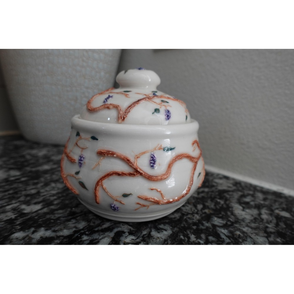 Pottery high gloss raised grapes vines 2pc home accent trinket‎ box